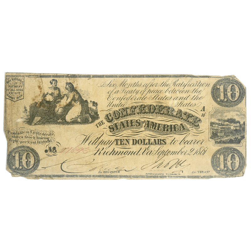 1861 $10 Confederate States of America, Civil War Note, Richmond, VA, T-28, S/N 27693 Circulated Very Fine