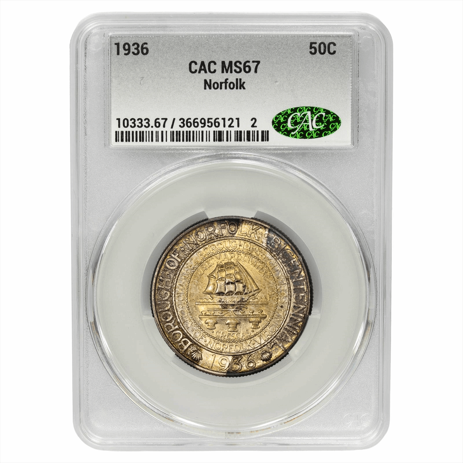 1936 Norfolk Commemorative Half Dollar 50C CACG MS 67 CAC