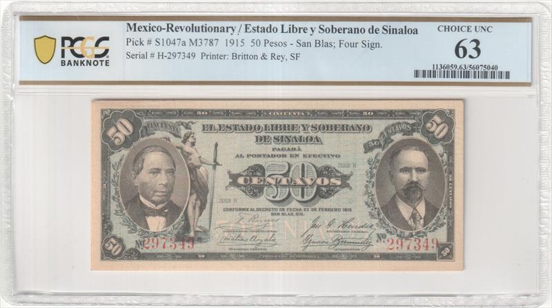 Mexico Revolutionary / Estado Libre y Soberano de Sinaloa Pick# S1047a 1915 50 Pesos-San Blas PCGS  MS63