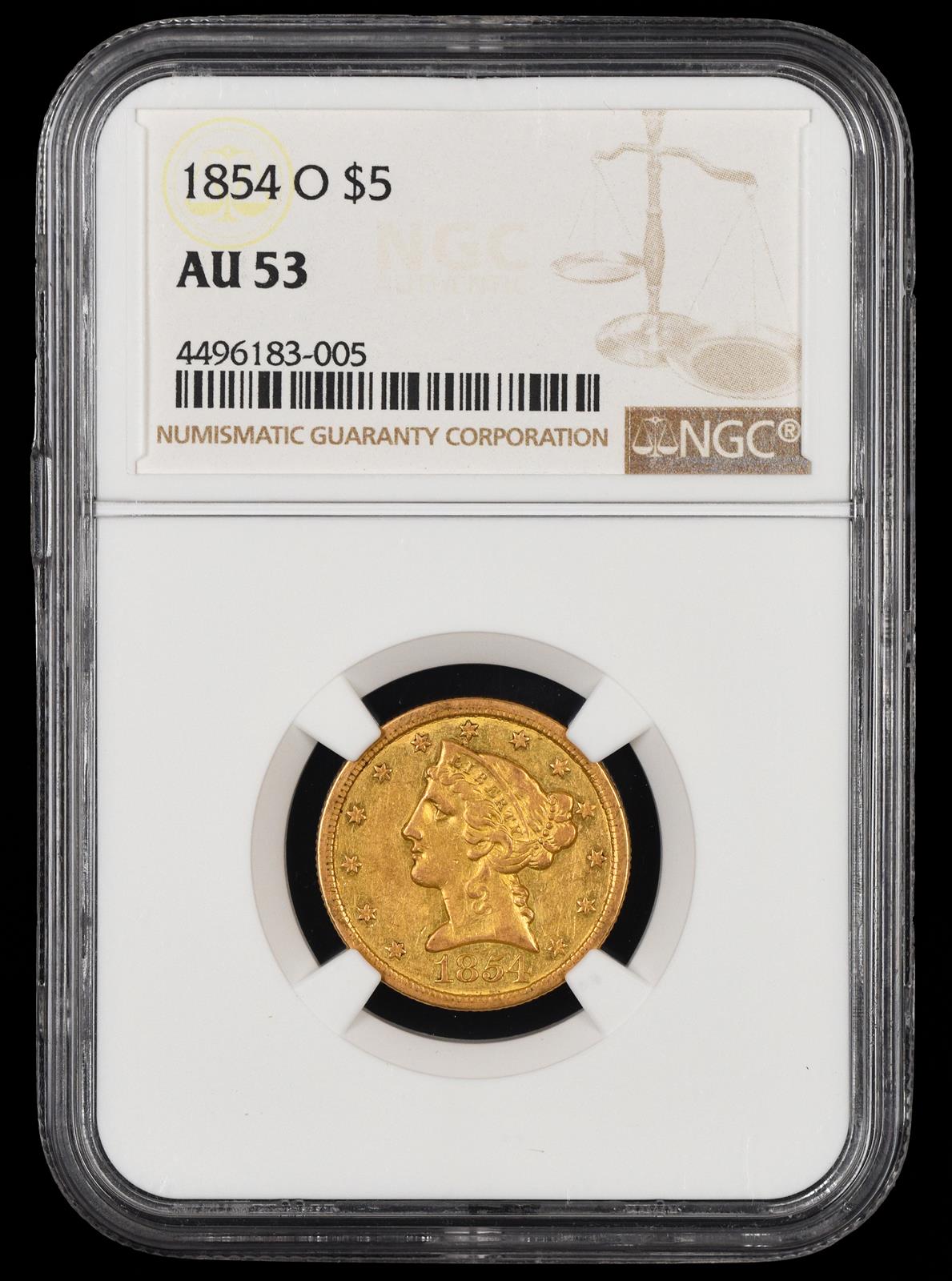 1854-O $5 NGC  AU53