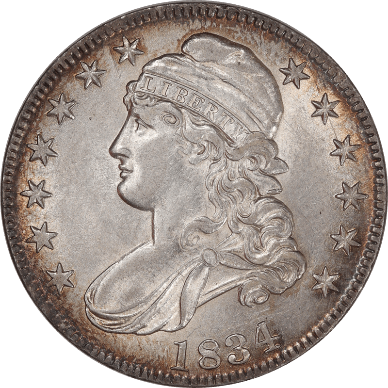 1834 Capped Bust Half Dollar 50c, Circulated, About Uncirculated