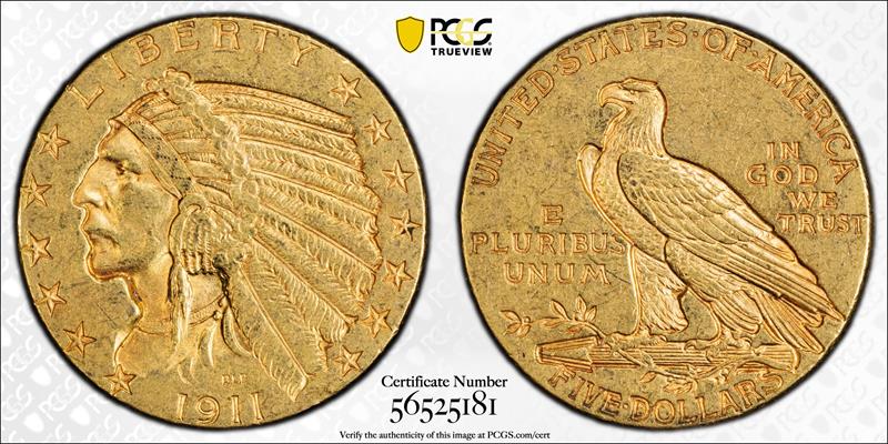 1911-D $5 PCGS AU-58 CAC