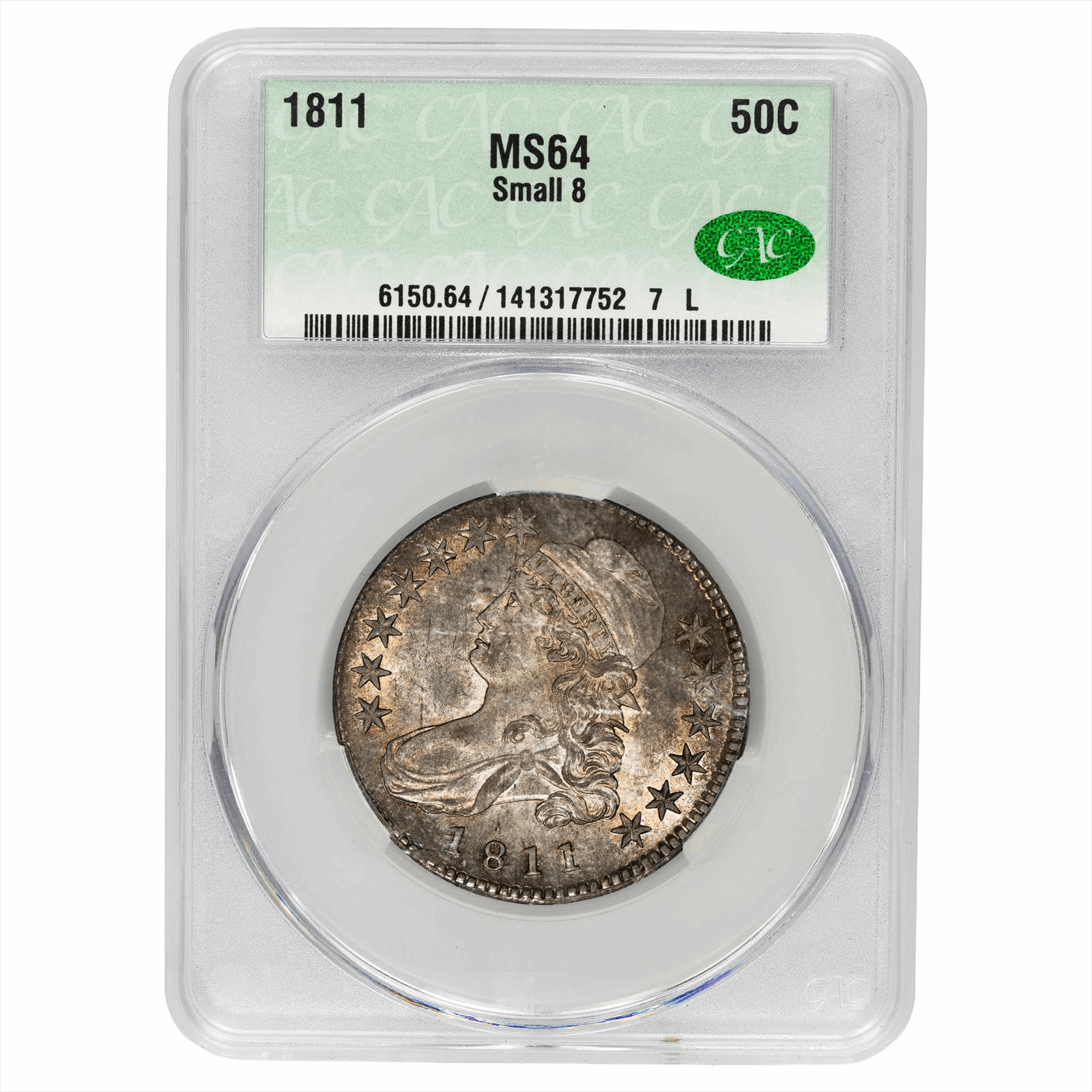 1811 Small 8 Capped Bust Half Dollar 50C CACG  MS 64
