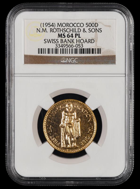 1954 500D MOROCCO TANGIER GOLD N.M. ROTHSCHILD & SONS NGC MS64PL