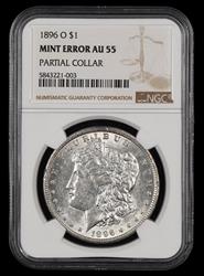 1896 O $1 Mint Error Partial Collar NGC AU-55