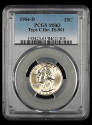 1964 D Washington Quarter PCGS MS63 Type C Reverse FS-901 MS63