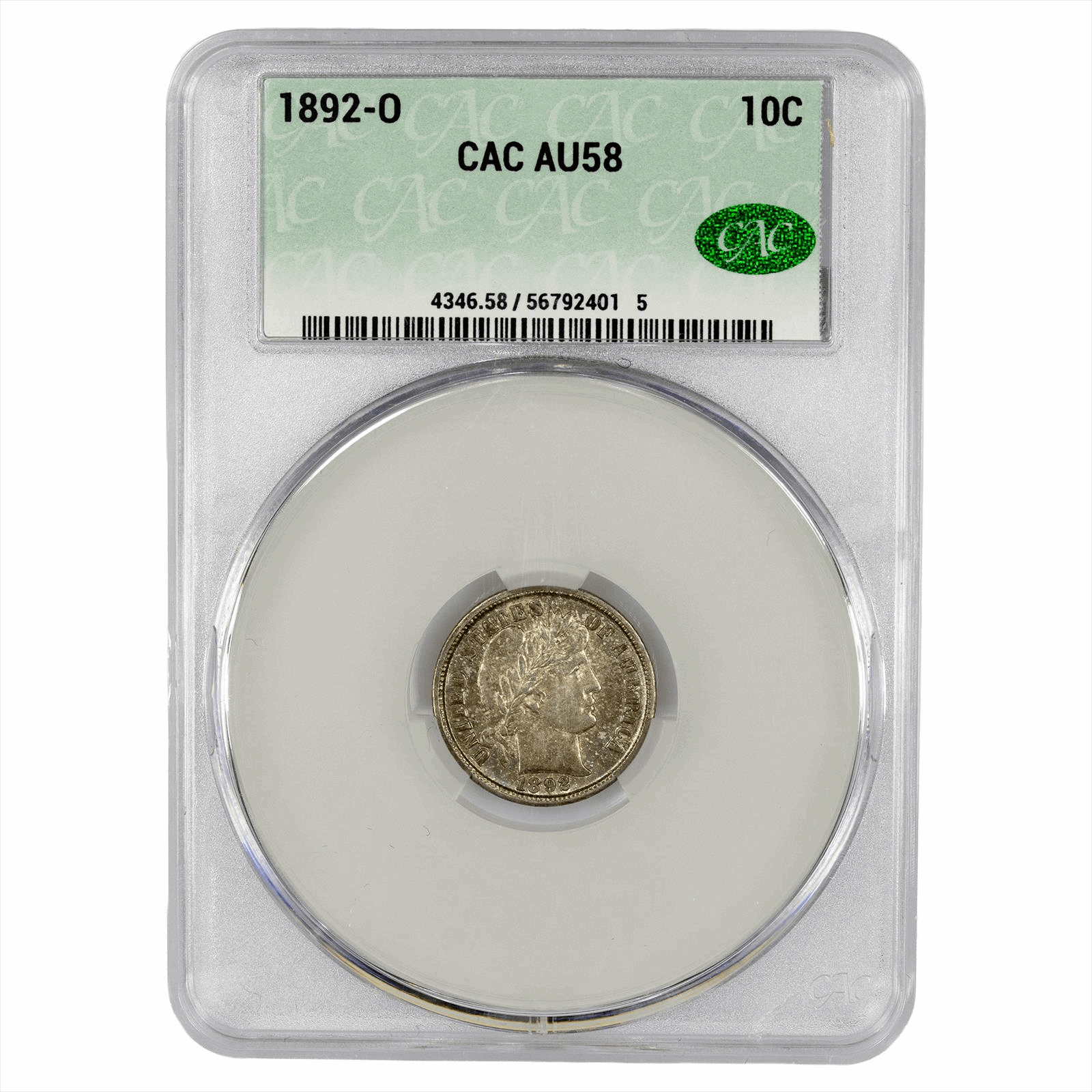 1892-O Barber Dime 10C CACG AU 58 CAC