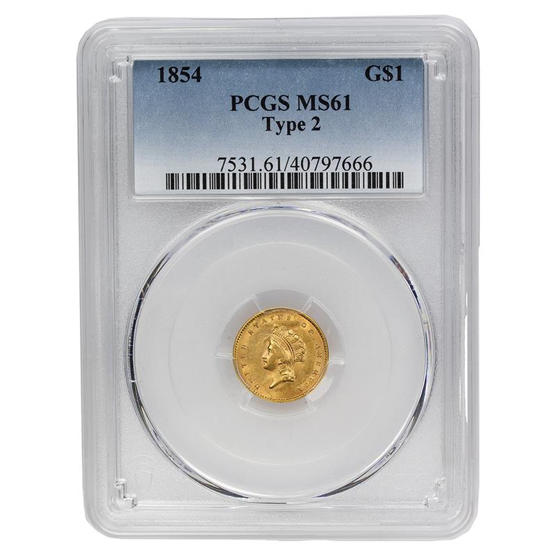 1854 Small Indian Princess Head Gold Dollar G$1, PCGS  MS 61 - Type 2, Nice Coin