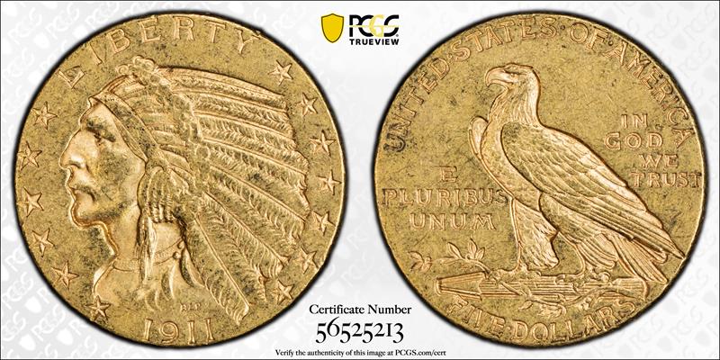 1911-D $5 PCGS AU-55 CAC