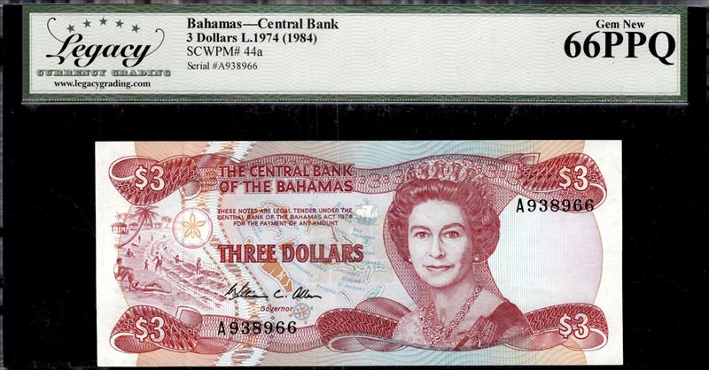 Bahamas Central Bank 3 Dollars L.1974 (1984) Gem New 66PPQ 