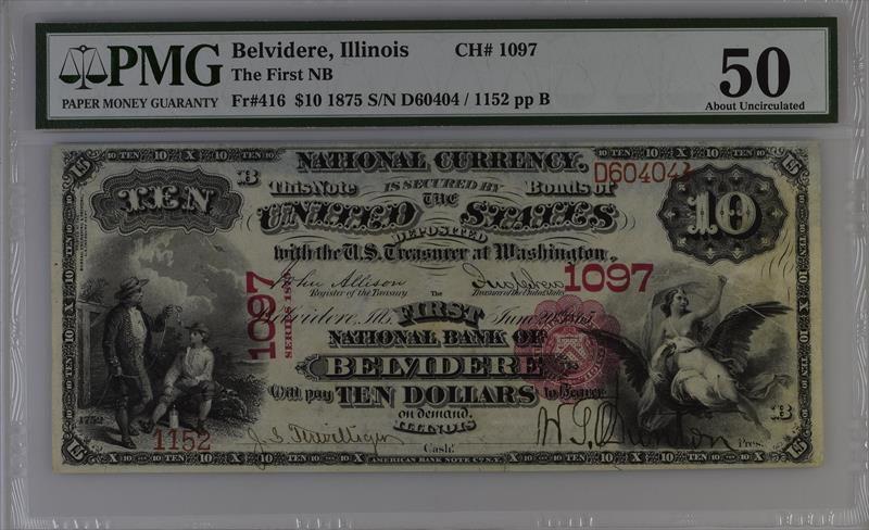 Fr. 416 1875 $10 Belvidere, Illinois 1097 National Currency PMG AU50  