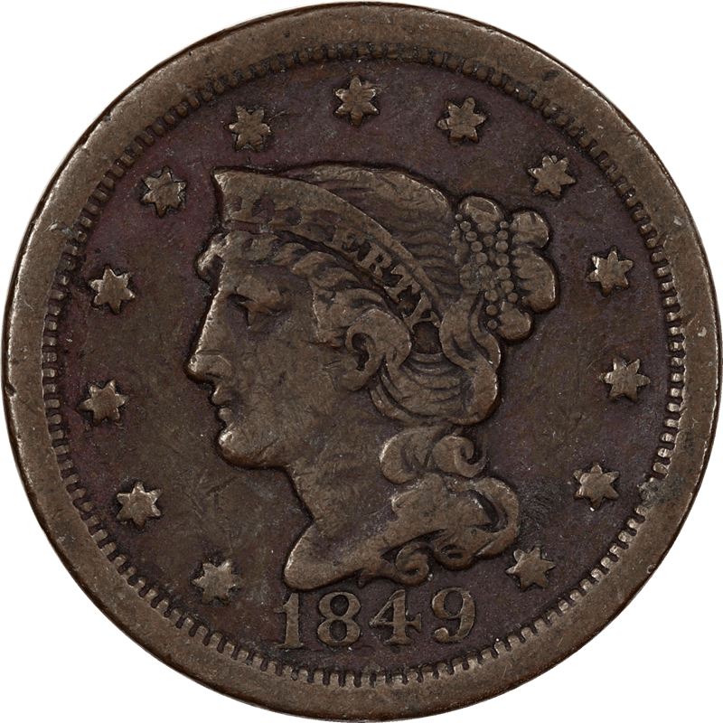 1849 Braided Hair Large Cent 1c Circulated, Very Fine