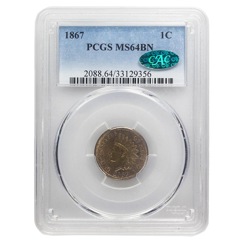 1867 Indian Head Cent, 1C PCGS MS 64 BN, CAC Certified 