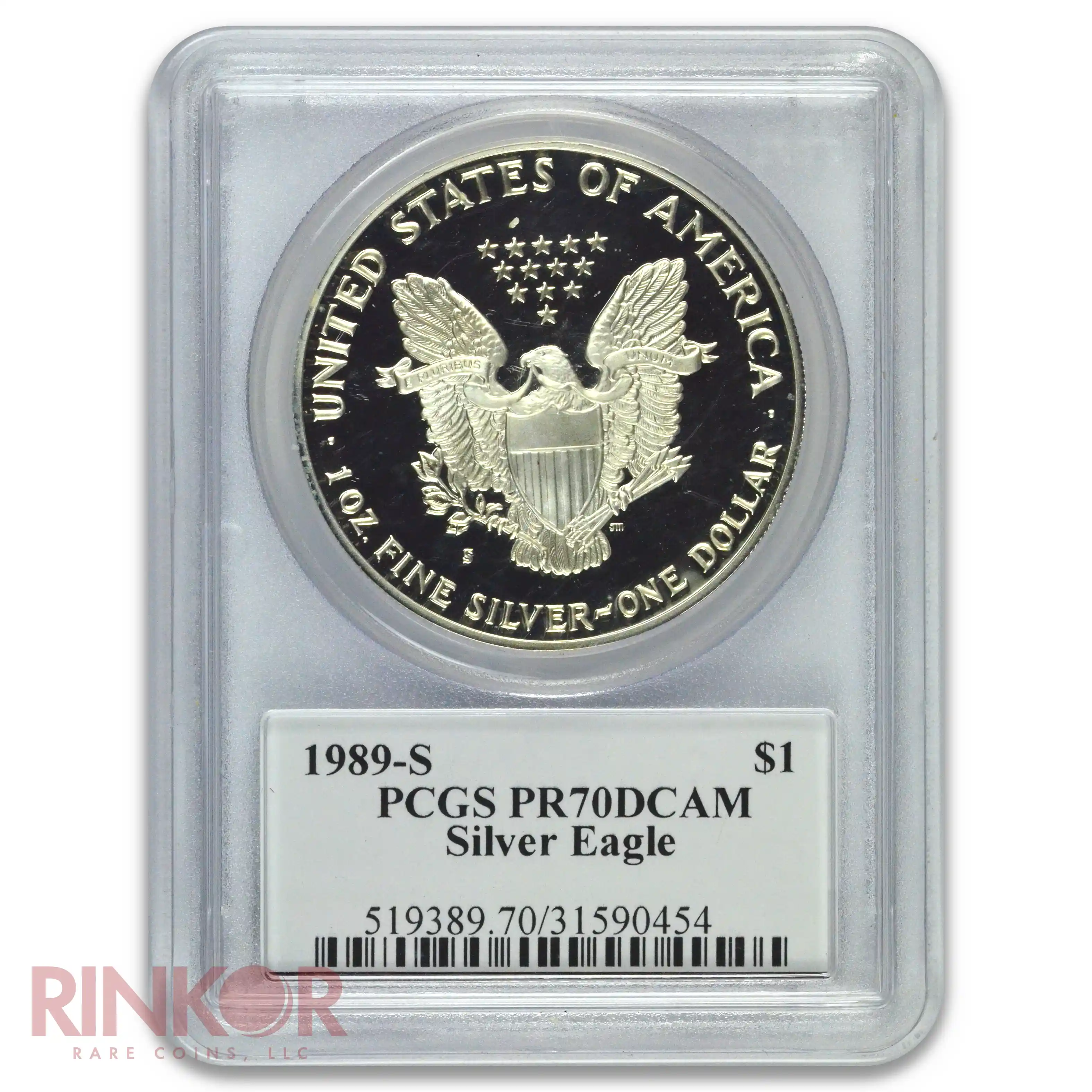 1989-S 1oz Proof American Silver Eagle Mercanti Signature PCGS PR 70