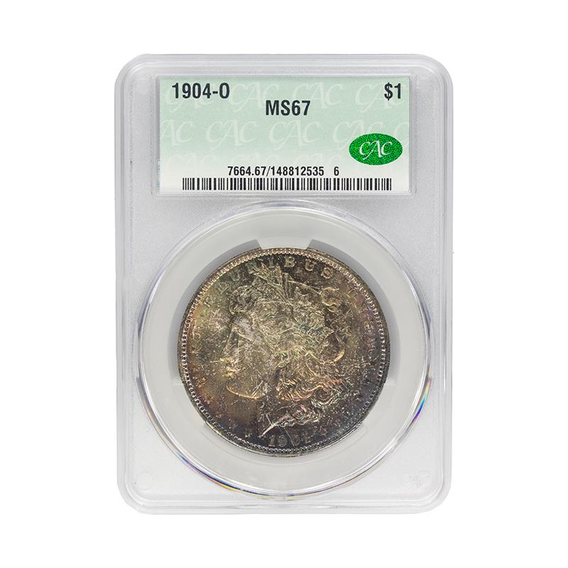 1904-O Morgan Dollar $1 CACG Exceptional Toning MS 67, CAC Certified Green