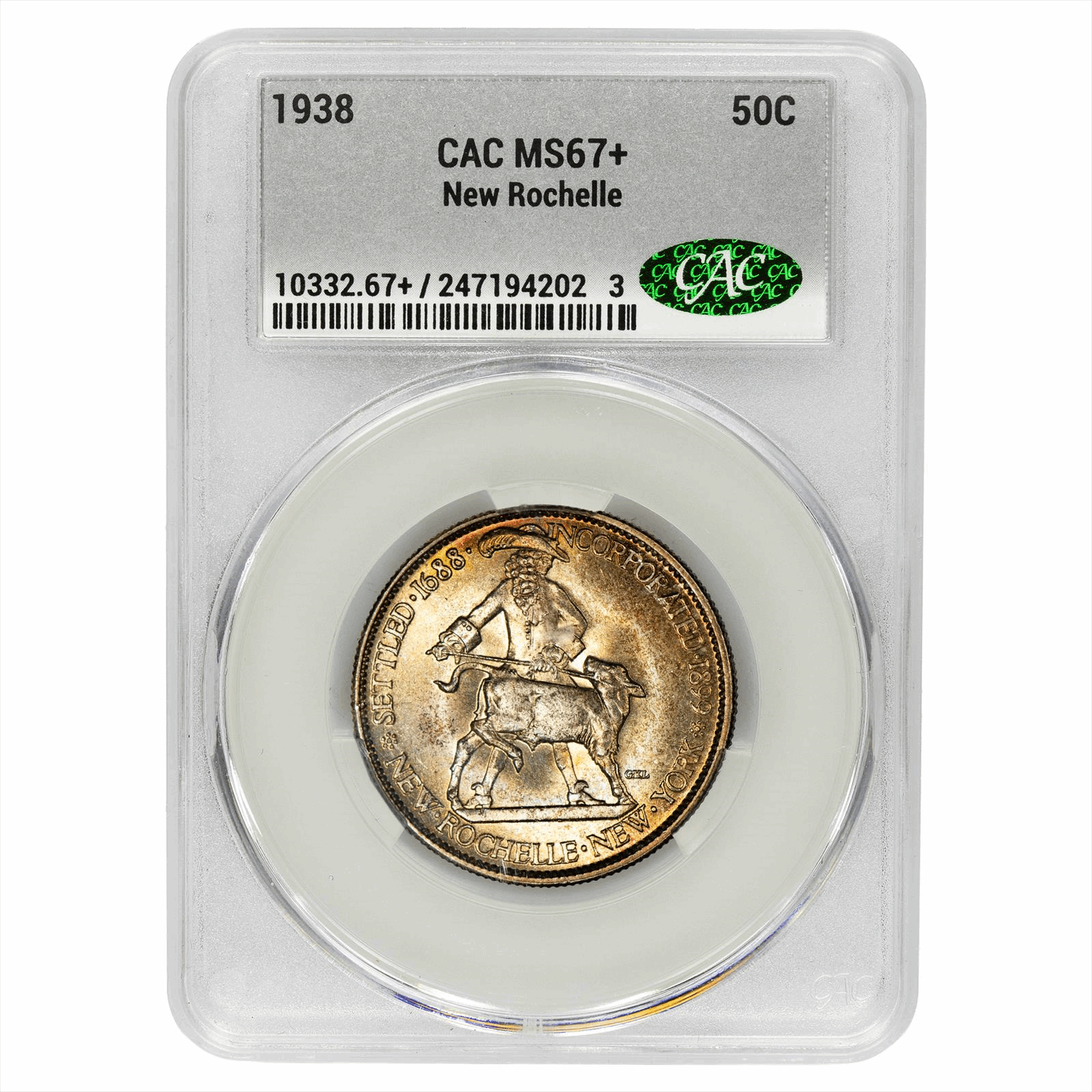 1938 New Rochelle Commemorative Half Dollar 50C CACG MS 67+