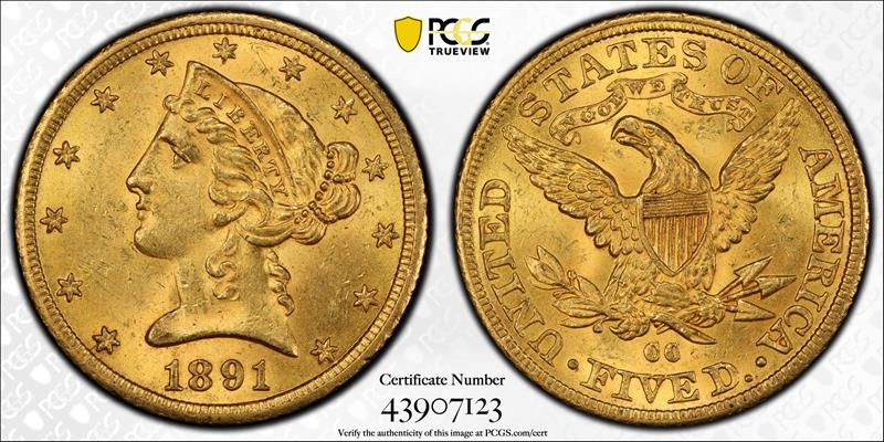 1891-CC $5 PCGS MS 63+ CAC