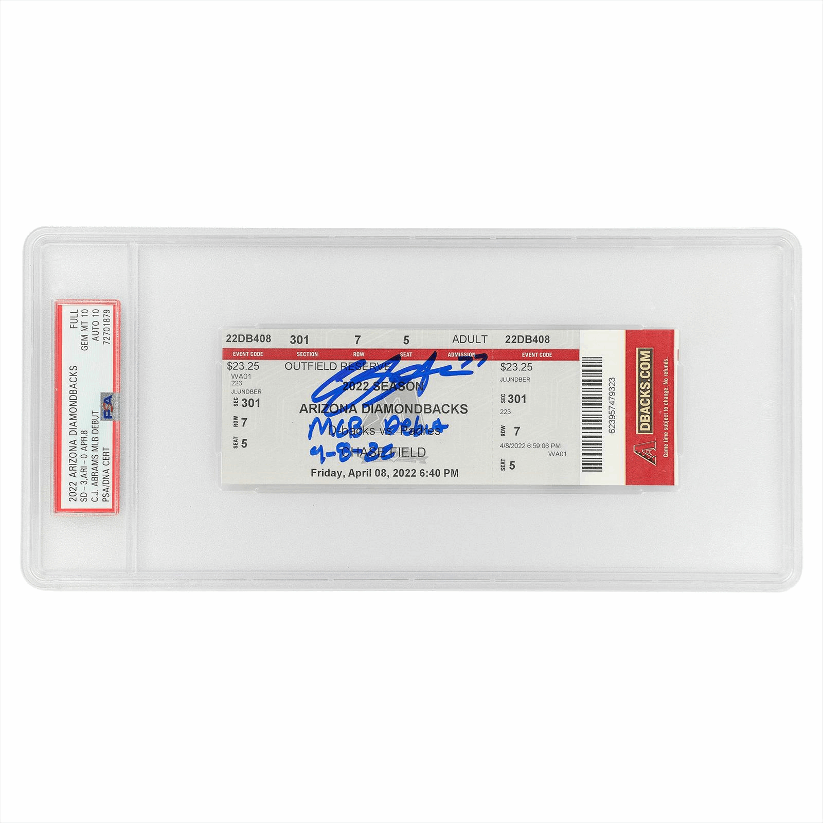 2022 Arizona Diamondbacks SD-3 ARI-0 CJ Abrams MLB Debut PSA GEM MT 10 AUTO 10