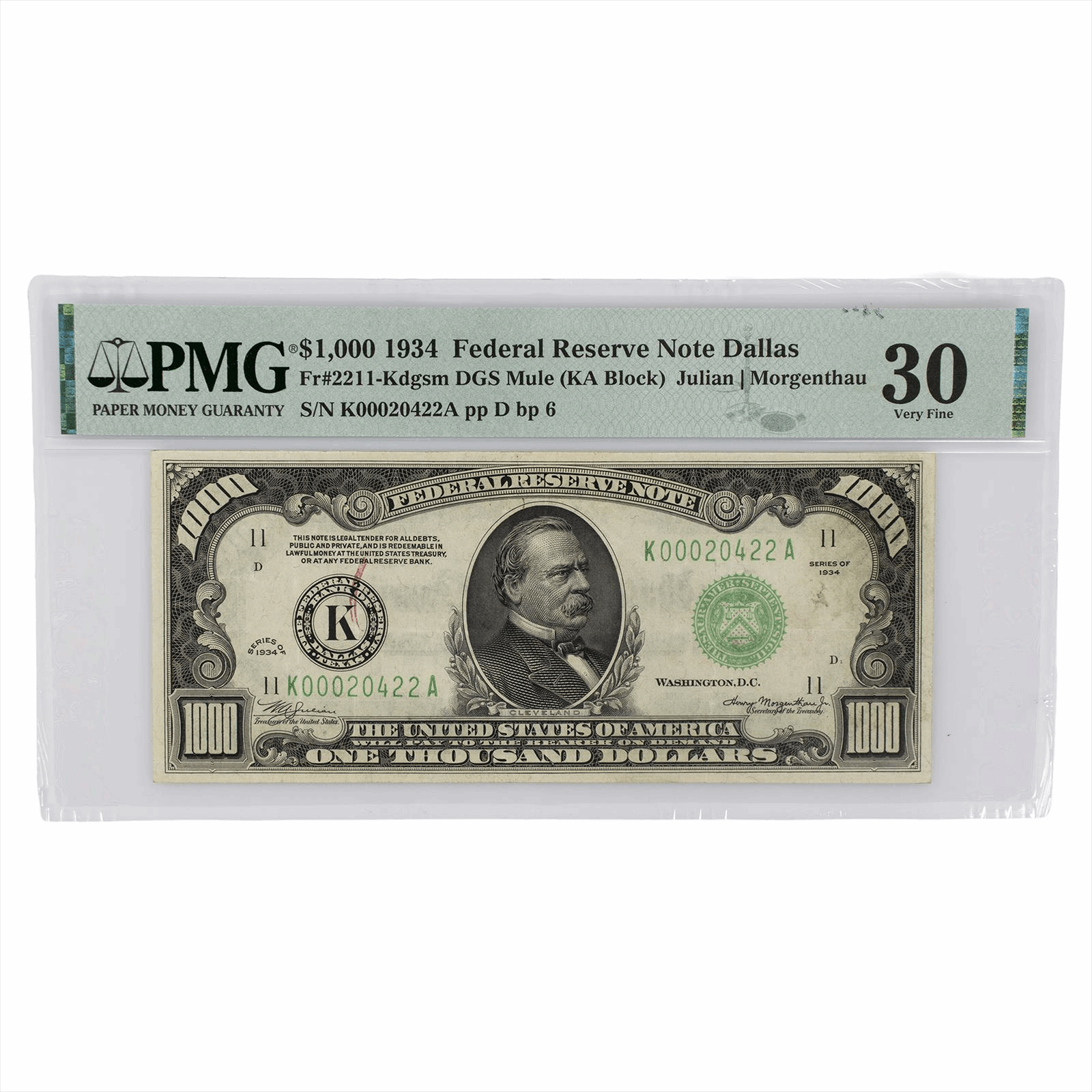 1934 $1000 Federal Reserve Note Dallas FR2211 PMG 30 Very Fine