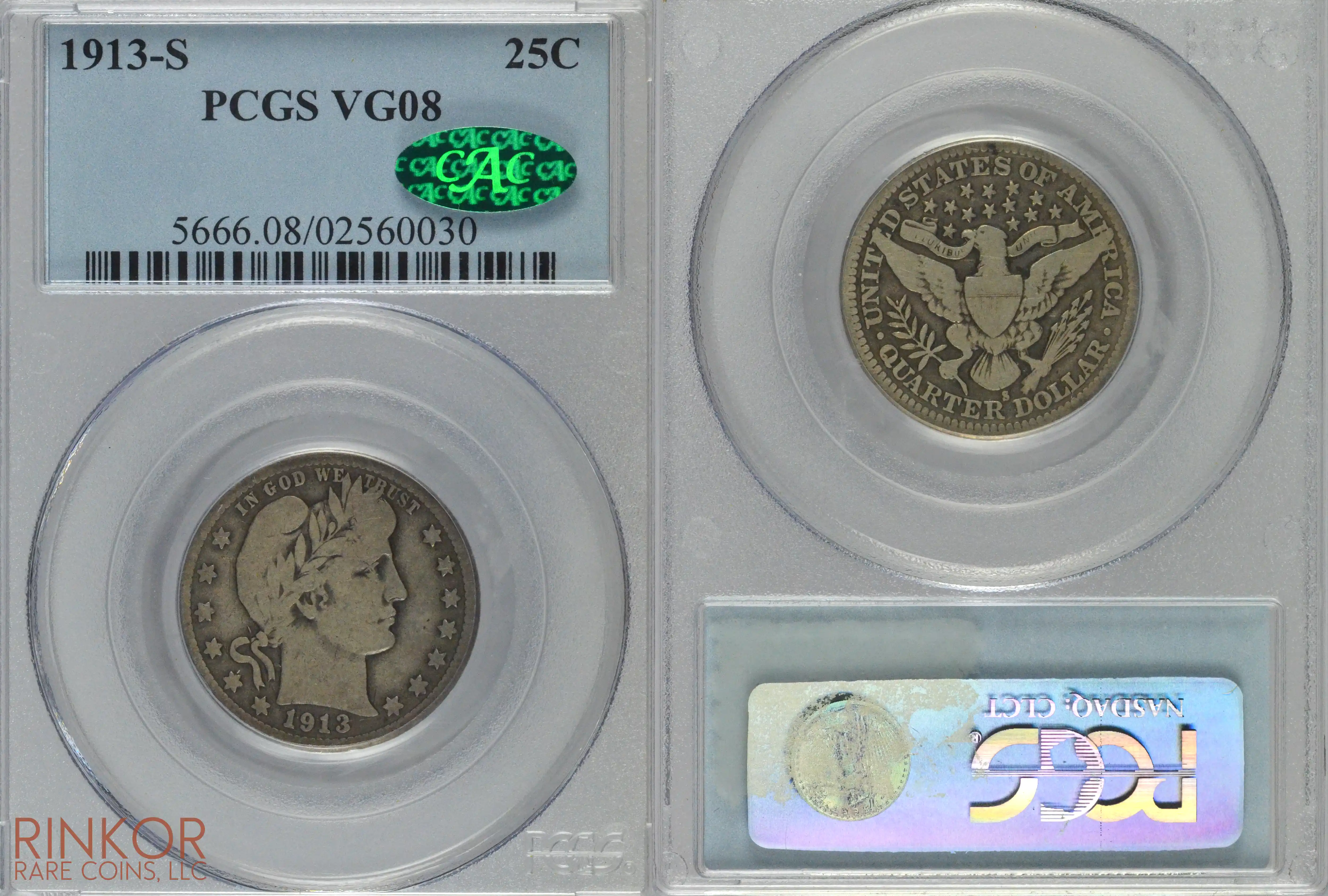 1913-S Barber PCGS VG-8 CAC