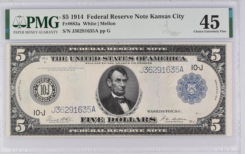 Fr. 883a 1914 $5 Kansas City PMG EF45 