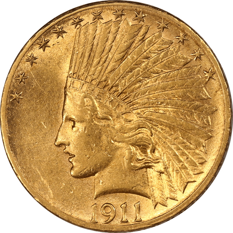 1911-S Indian $10 Gold Eagle, Raw Circulated, Almost Uncirculated