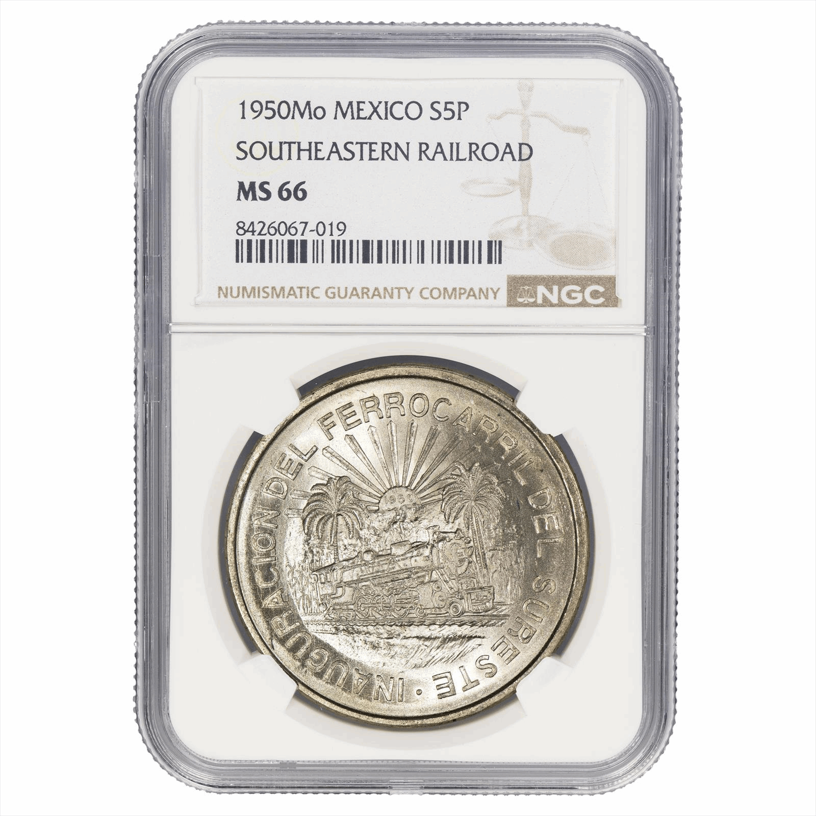 1950MO Mexico 5 Pesos Southeastern Railroad NGC MS 66