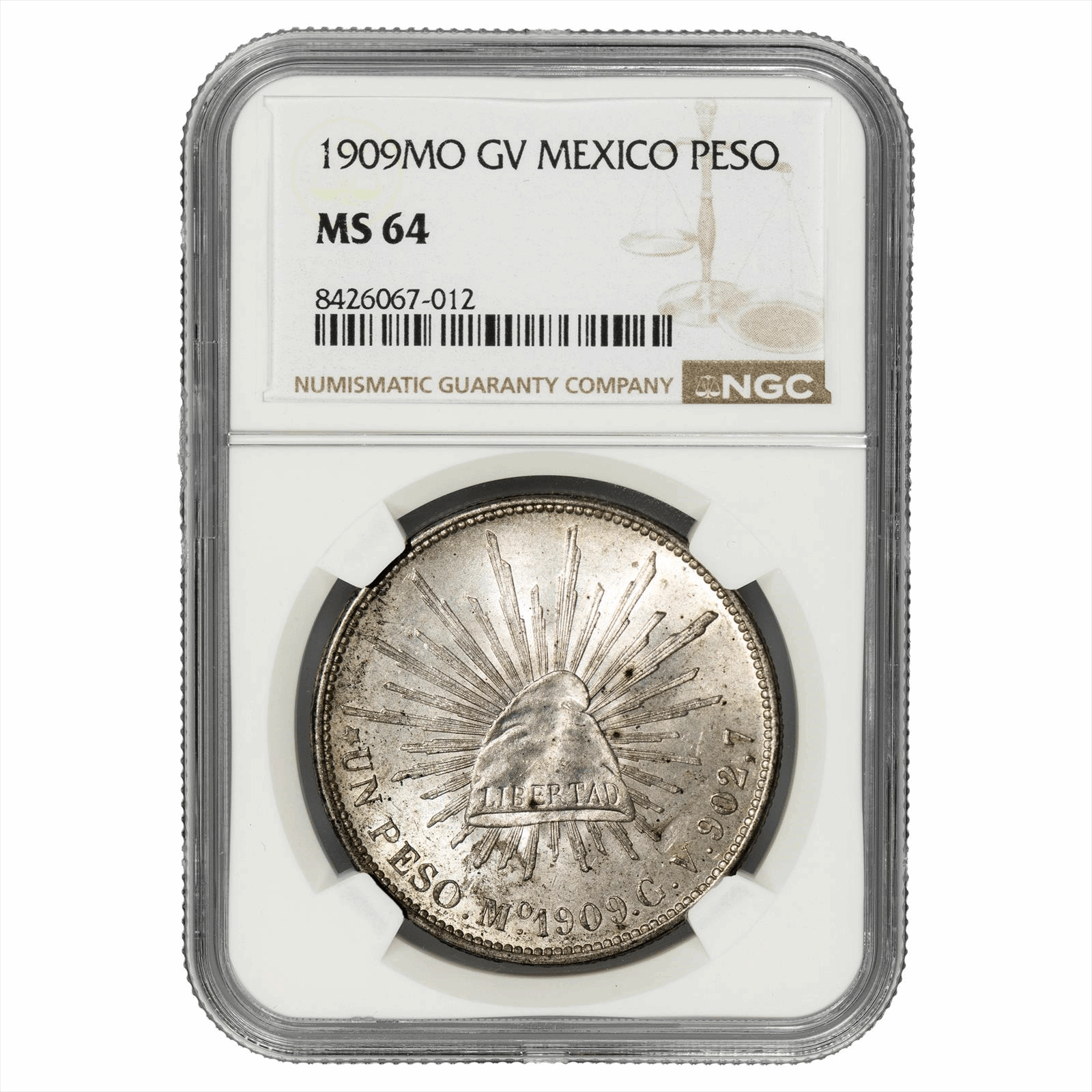 1909Mo GV Mexico 1 Peso NGC MS 64