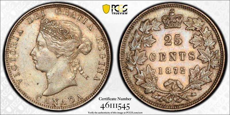 1872-H Canada 25c PCGS AU53 Large 2 
