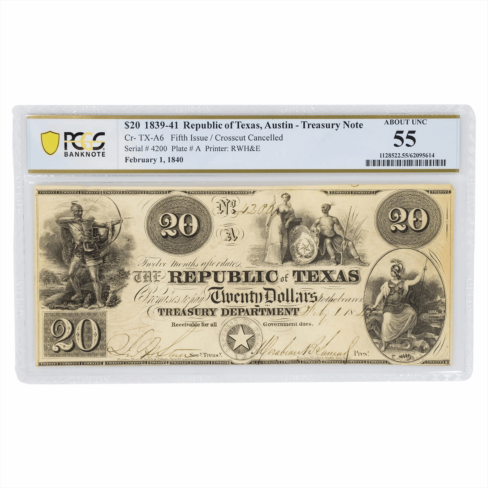 1840 Republic of Texas $20 Austin Red Back Treasury Note PCGS AU 55