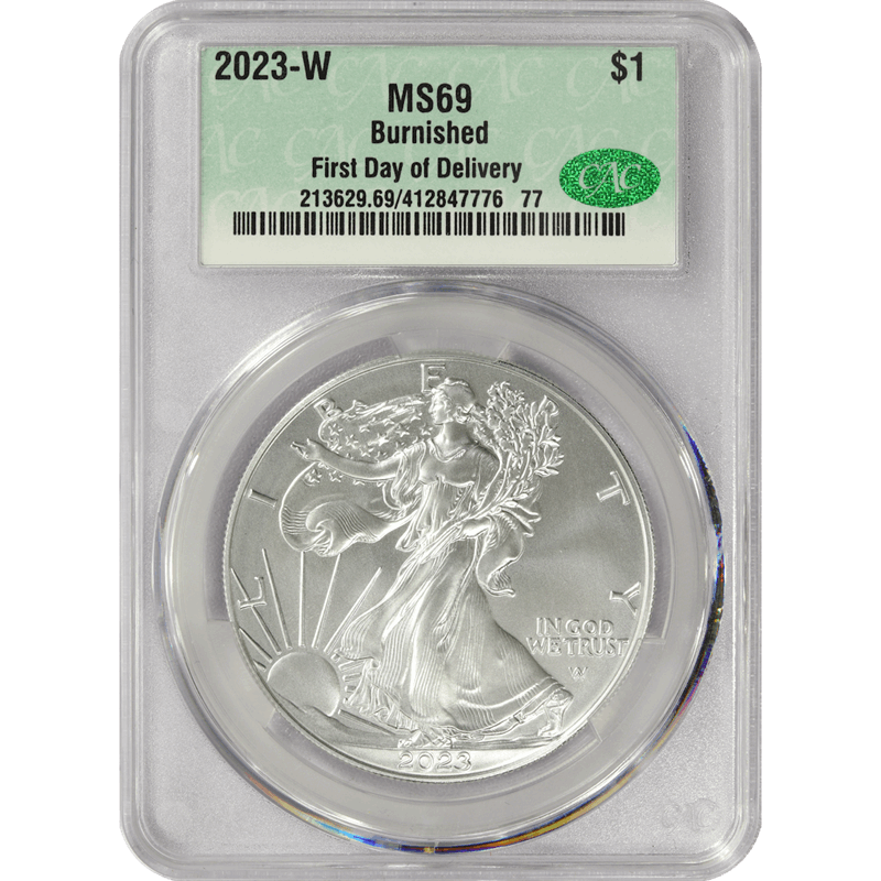 2023-W Silver American Eagle, CAC MS69 (116437)  Burnished, First Day of Delivery