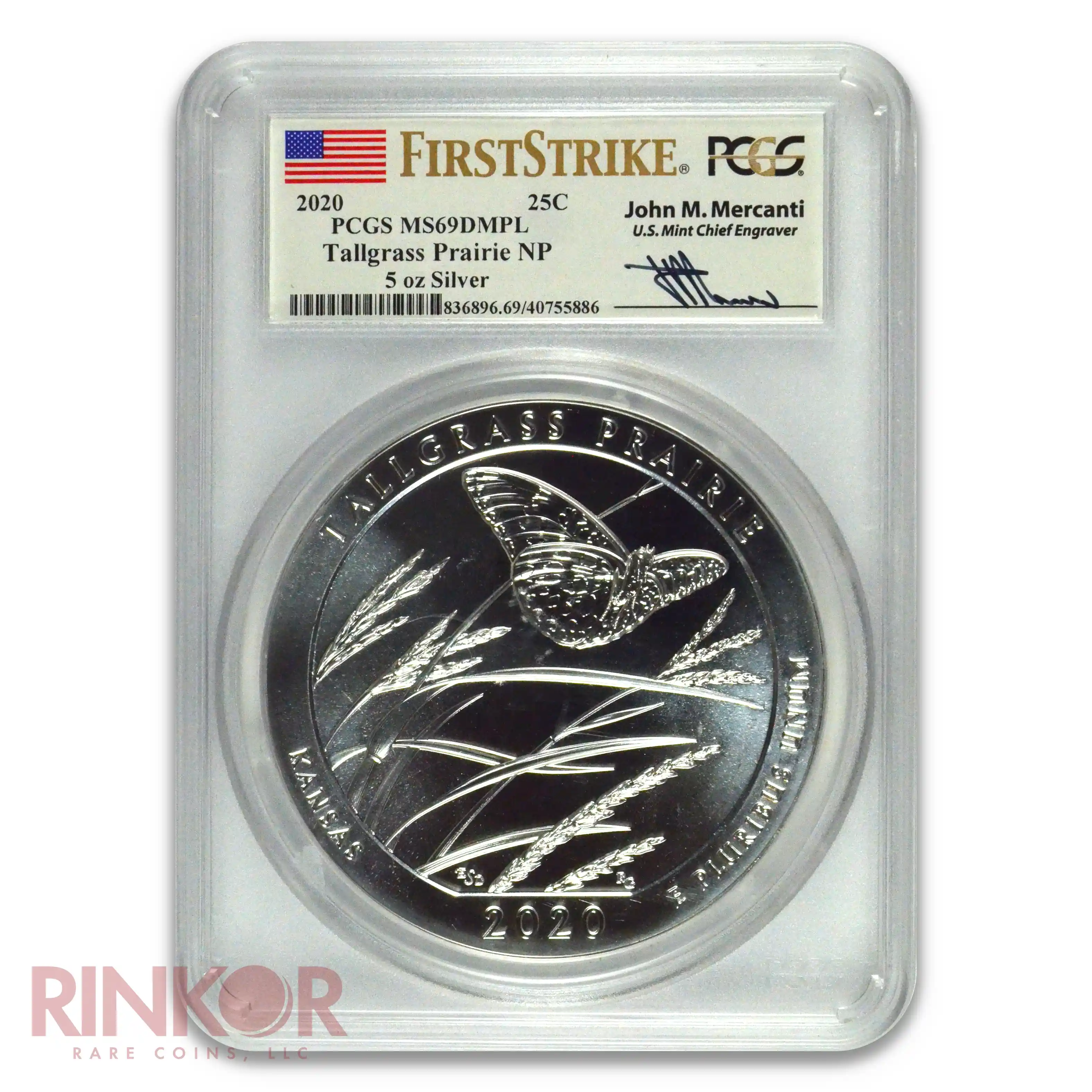 2020 5oz America the Beautiful Tallgrass Prairie First Strike Mercanti PCGS MS 69 DMPL