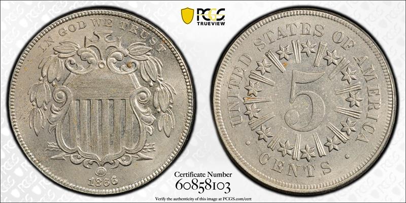 1866 Rays 5C PCGS MS 61 CAC