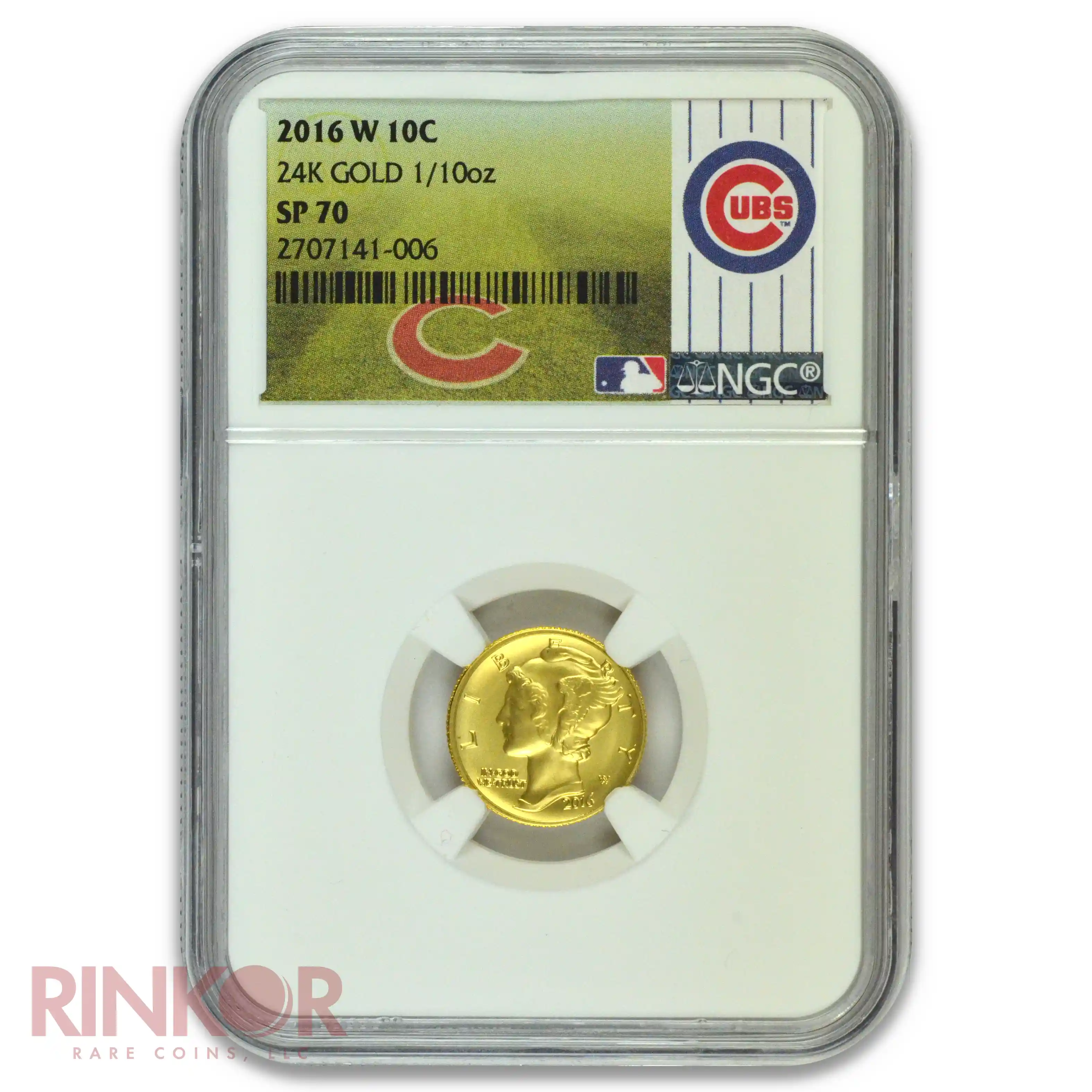 2016-W Gold 1/10thoz Mercury Dime Centennial Chicago Cubs Label NGC SP 70