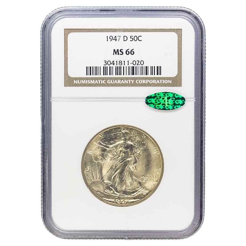 1947-D Walking Liberty Half Dollar, 50C NGC MS 66 CAC Certified