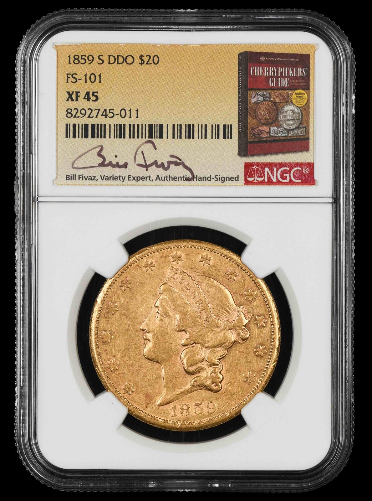 1859 S $20 Gold  DDO FS-101 Bill Fivaz Signature Label NGC XF45