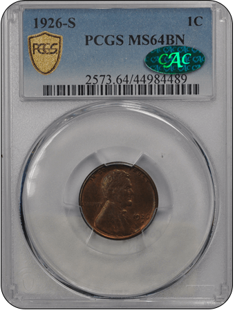 1926-S 1C Lincoln Type 1 Reverse PCGS BN (CAC) #3492-4 MS64