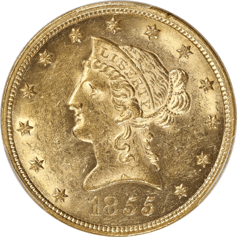 1855 Liberty Head $10 Gold Piece, PCGS AU-58 CAC