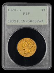 1870 S $5 Gold Rattler PCGS F15
