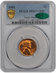 1941 1C Lincoln Cent - Type 1 Reverse PCGS RD (CAC) #3662-2 MS67+