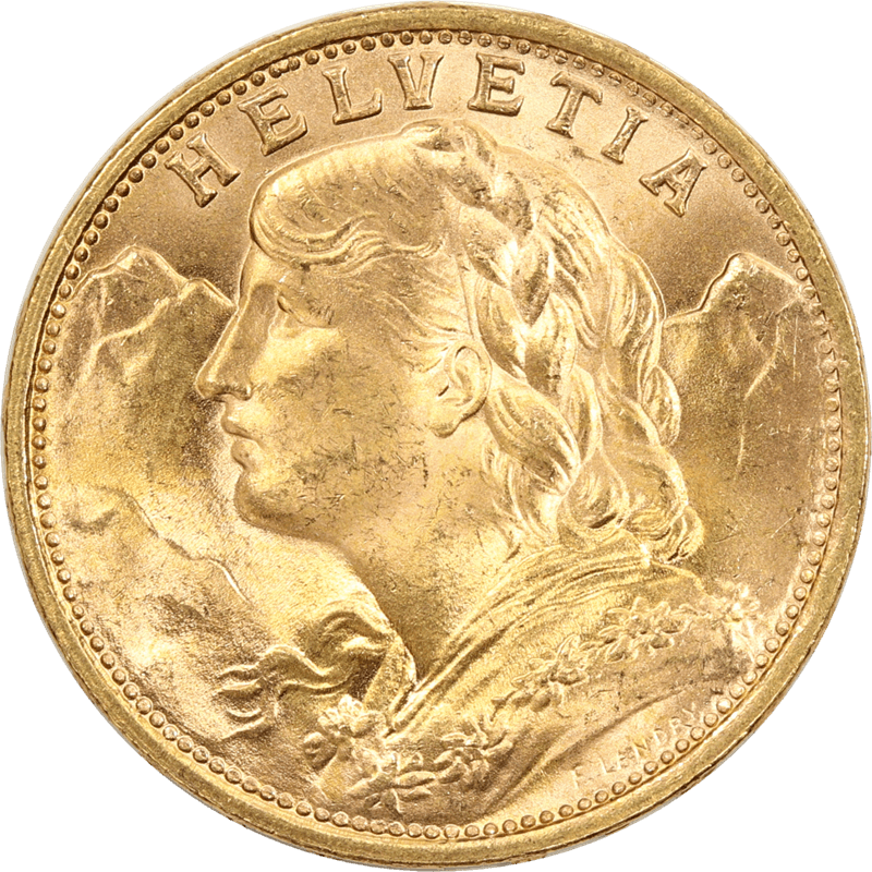 1897-1949 Swiss Helvetia 20 Francs Random Year Mixed type (.1867 ozt)