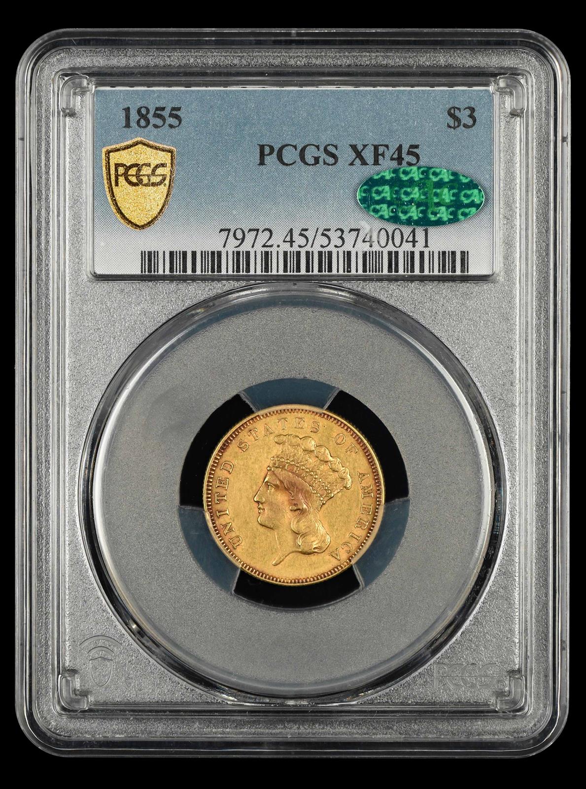 1855 $3 Gold PCGS XF45 CAC