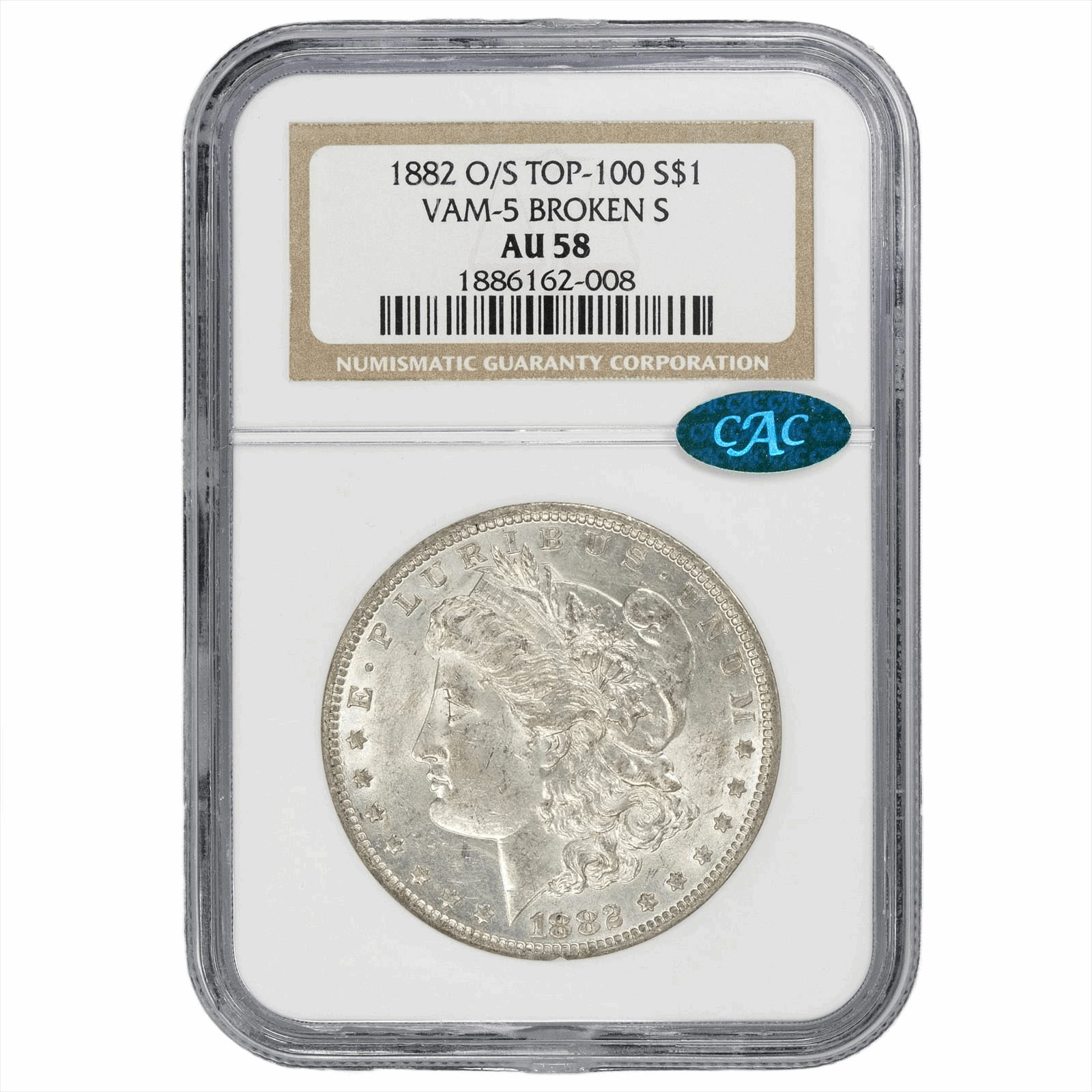 1882-O/S $1 Morgan Dollar VAM-5 Broken S NGC CAC AU 58 