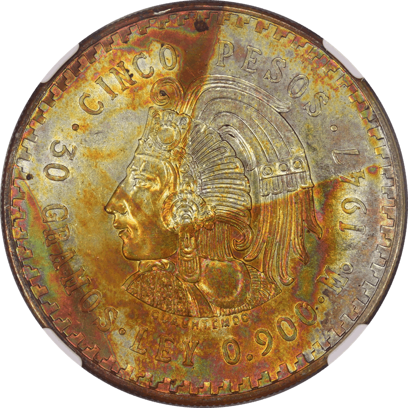Mexico 1947 Mo Cuahtemoc 5 Pesos Silver NGC  MS 61 Beautiful Paper Toning