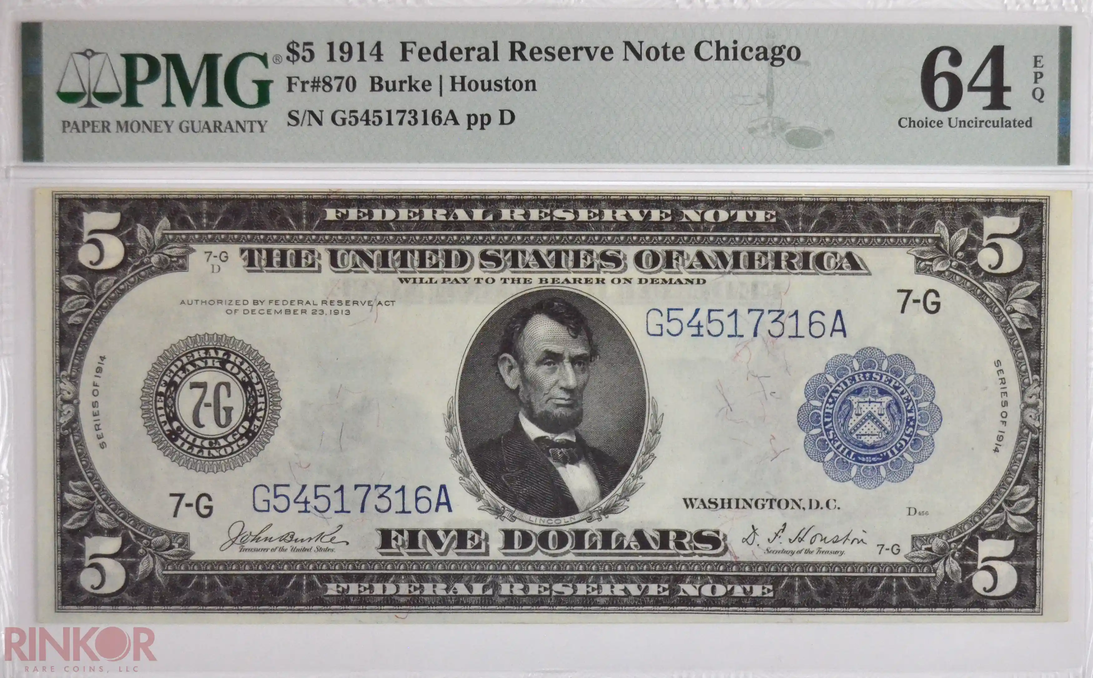1914 $5 Fr. 870 Chicago Federal Reserve Note PMG CU 64 EPQ