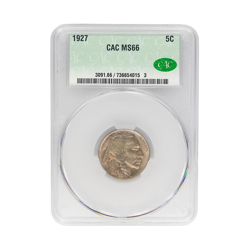 1927 Buffalo Nickel 5C CACG MS 66, CAC Certified Green