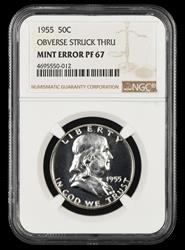 1955 50C Mint Error Obverse Struck Thru NGC PF67