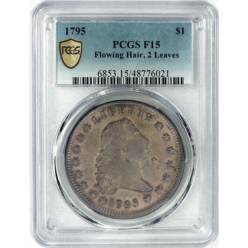 1795 $1 Flowing Hair Dollar Coin, 2 Leaves PCGS F-15