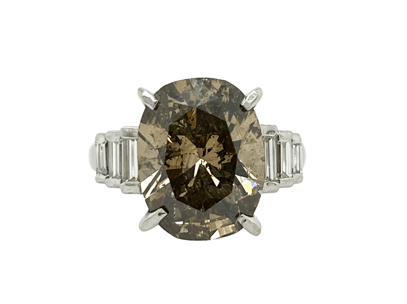 7.5ct Fancy Medium Brown Oval Cut Diamond with Diamond Baguette Accents in Platinum 9.8g Platinum ring