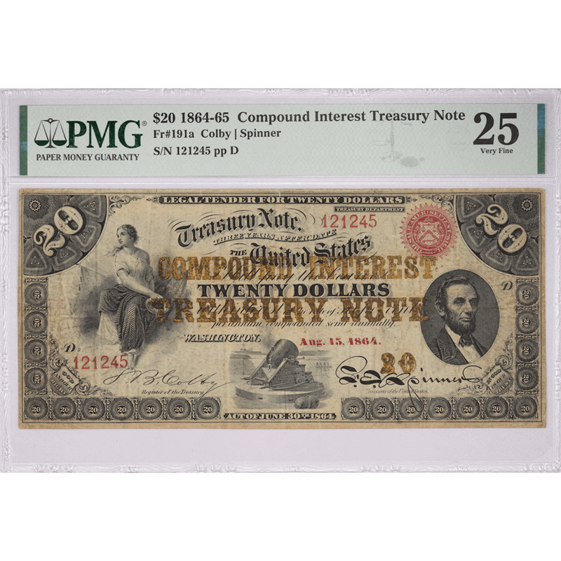 Fr. 191a $20 1864-65 Compound Interest Treasury Note PMG  Very Fine 25 - Rare Note